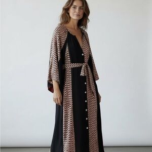 NEW Natalie Martin 100% Silk Black Red Zig Zag Batik Button Down Alex Midi Dress